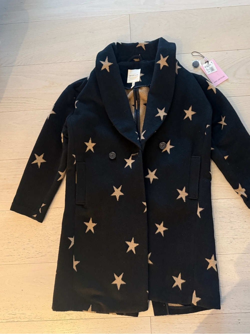 Avec Les Filles Cocoon Black Coat with Beige Star Print